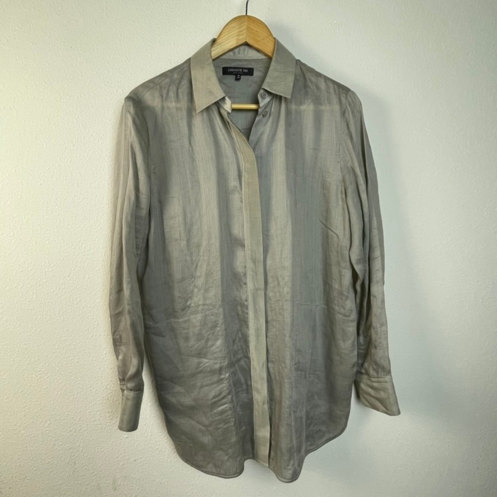 Lafayette 148 New York Striped Linen Blend Button Down Shirt Size Medium